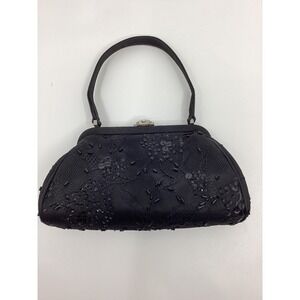 Franchi Black Lace Beaded Sequin Evening Bag Satin Frame Kiss Lock Top Handle